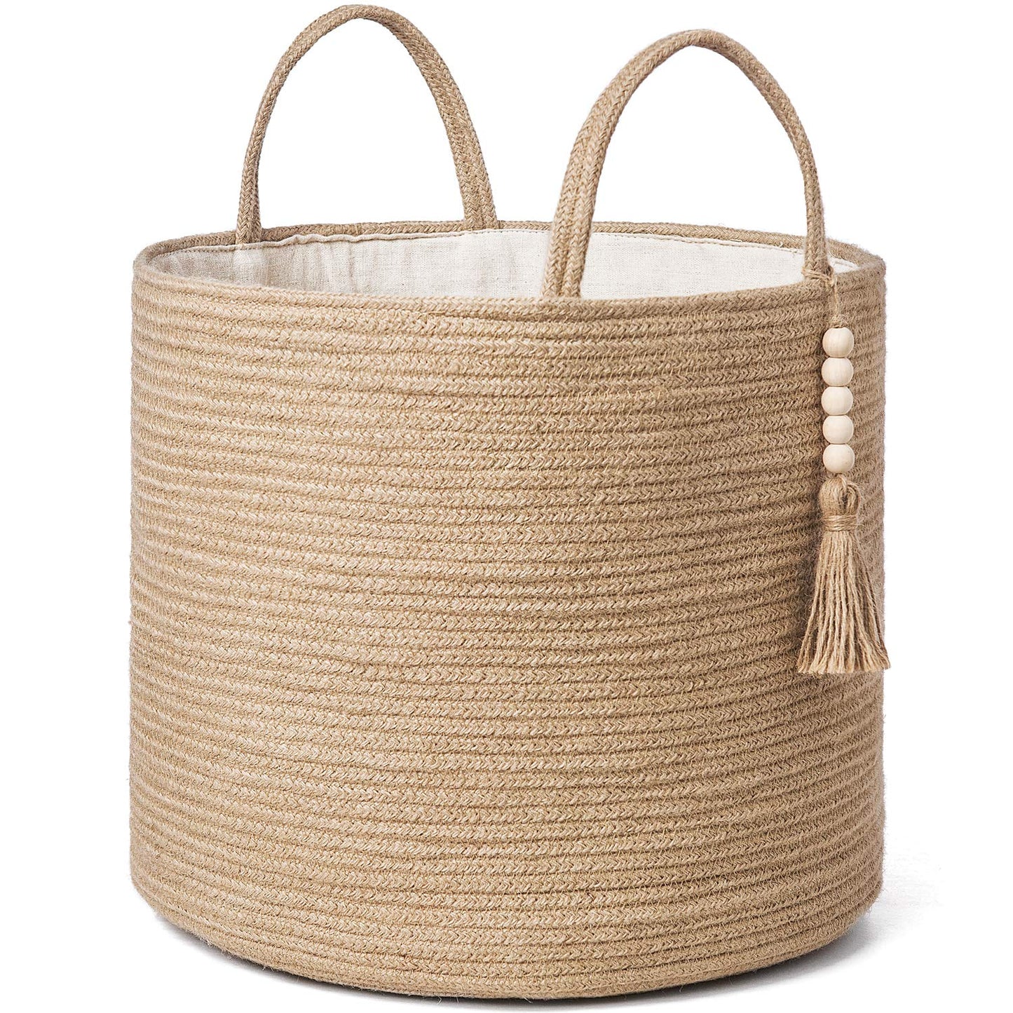 Woven Storage Basket Decorative Rope Basket Wooden Bead Decoration for Blankets,Toys,Clothes,Shoes